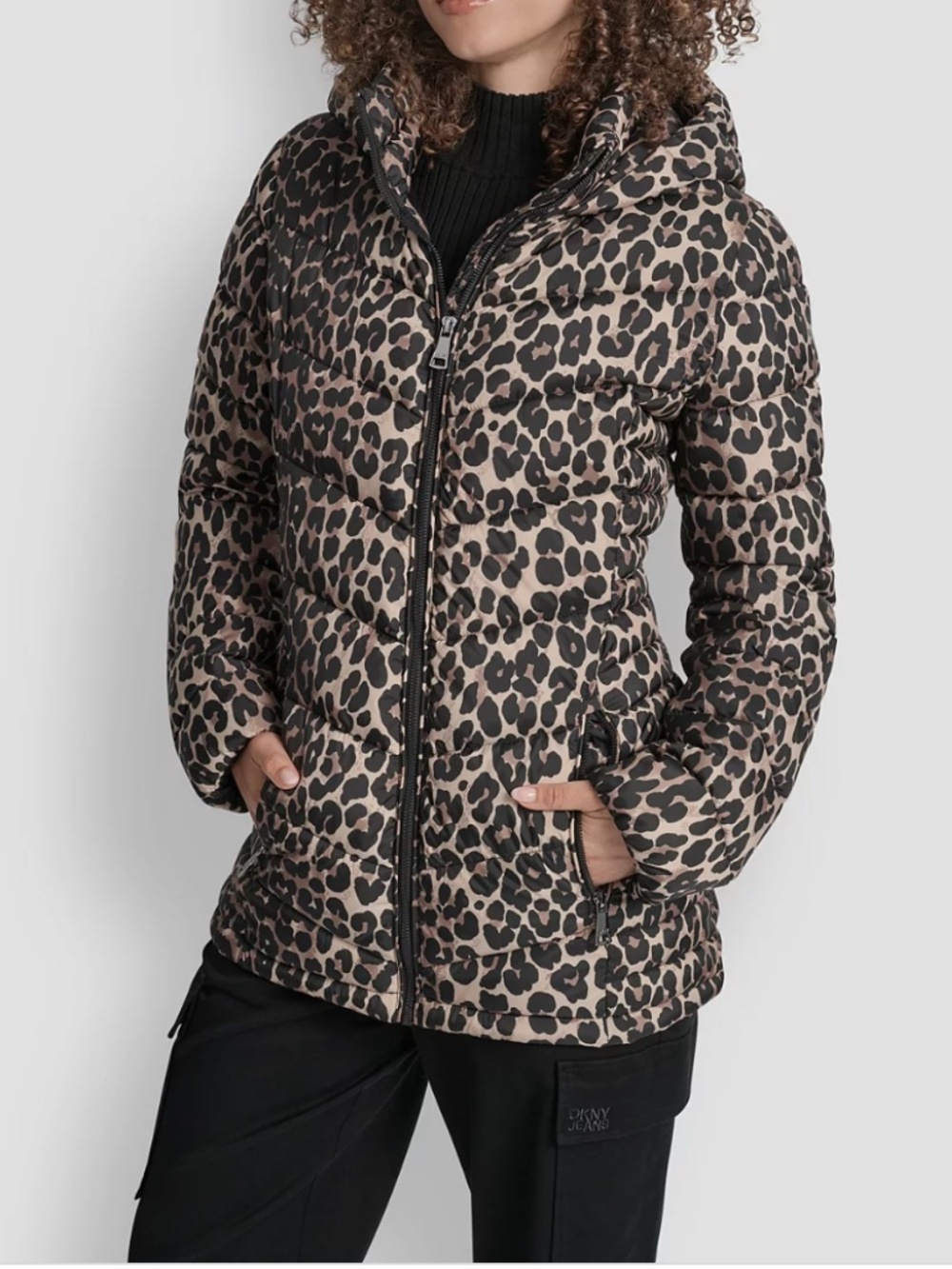 DKNY Women's Chevron-Quilted Full-Zip Leopard Puffer Jacket Size: S